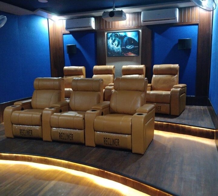 Recliner Theatre Interior Design, home cinema interior design, Movie Hall Interior Design