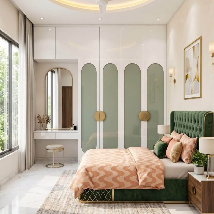 Modern Swing 4-Door Wardrobe Design with Pastel White Finish & Gold Handles
