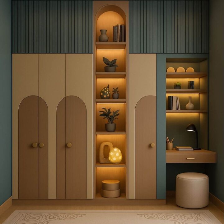 Classic Swing Wardrobe Design with Arched Detailing & Study Desk