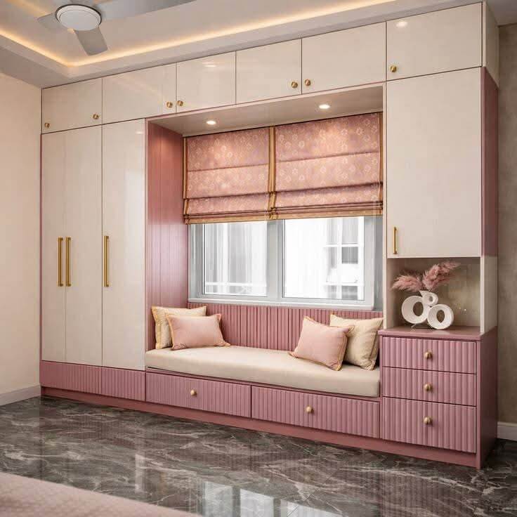 Classic 4 Door Swing Wardrobe Design In Frosty White And Princess Pink Colour