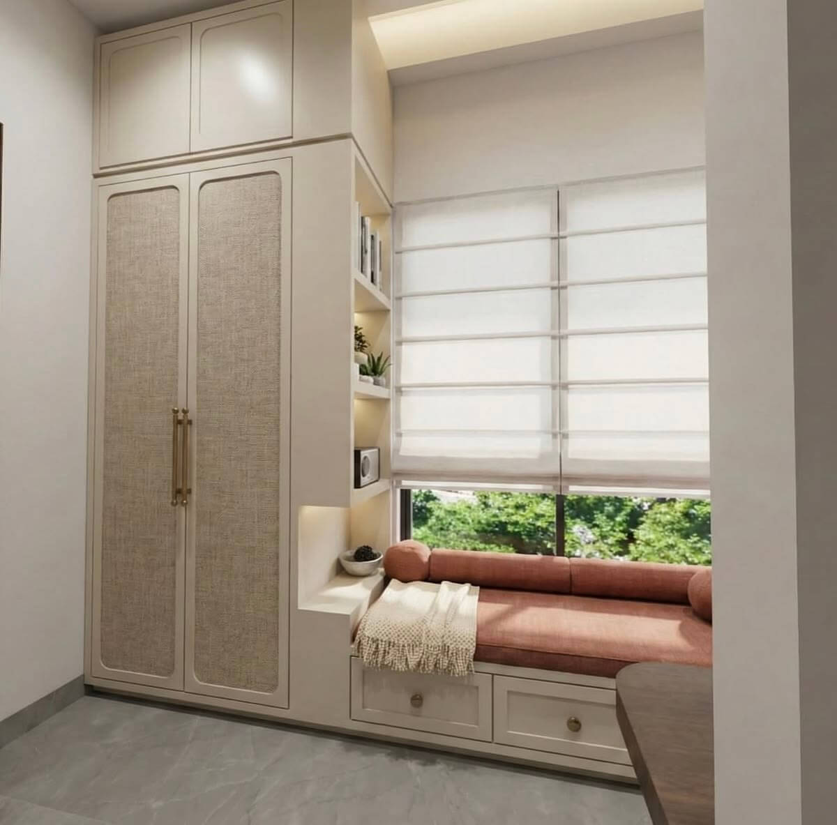 2-Door Contemporary Swing Wardrobe Design with Sitting & Storage Space