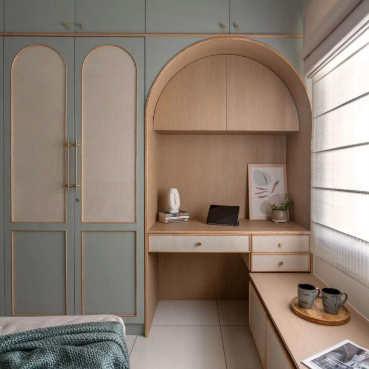 2-Door Contemporary Swing Wardrobe Design with Work table and Sitting Space
