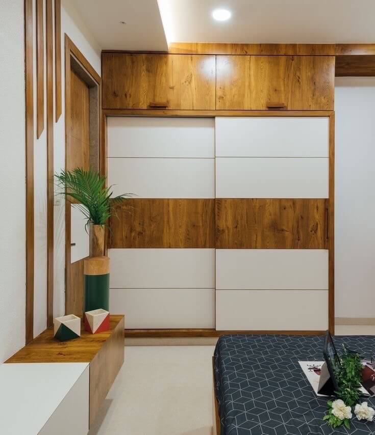 3-Door Modern Sliding Wardrobe Design in Gloss Finish & Upper Storage Cabinets
