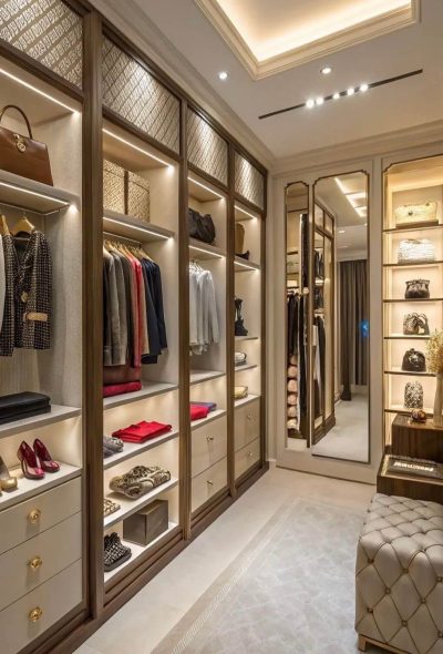 Modern 4-Door Walk-In Wardrobe Design with Open Storage