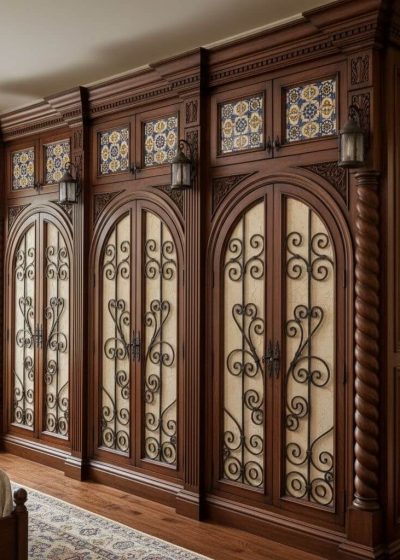 Vintage Swing Wardrobe Design with Metal Grill & Glass Display Shutter