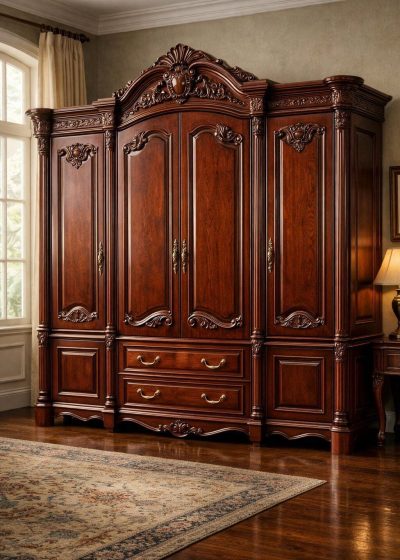 Antique Wooden Swing Wardrobe Design with Carving and Royal Accent